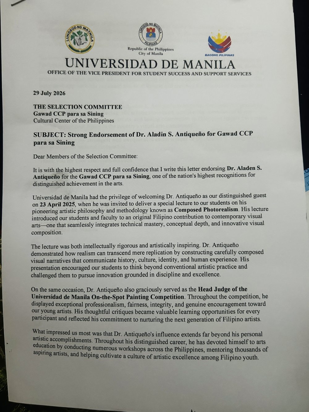 Universidad de Manila letter, page 1