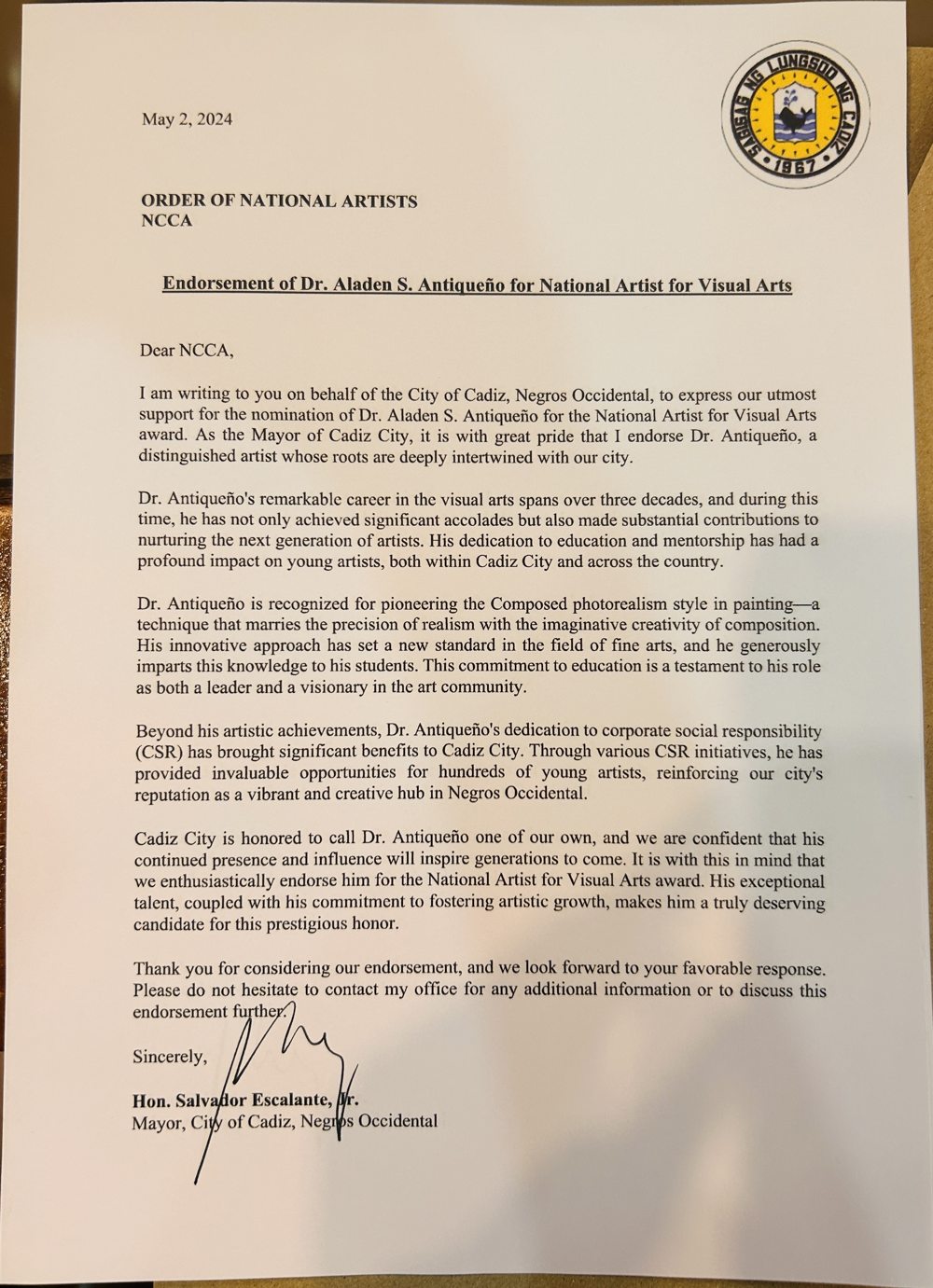 City of Cadiz letter