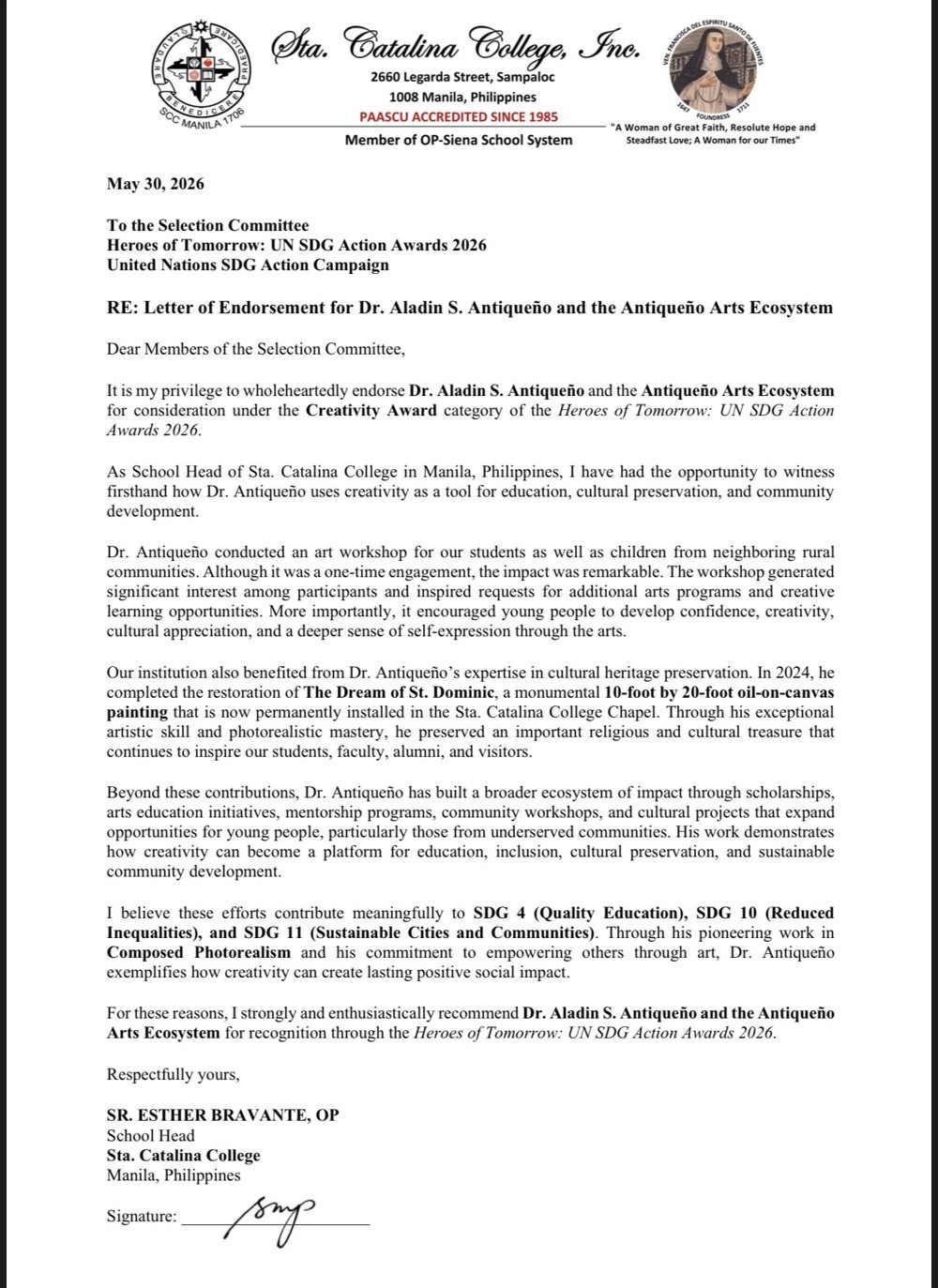 Sta. Catalina College letter